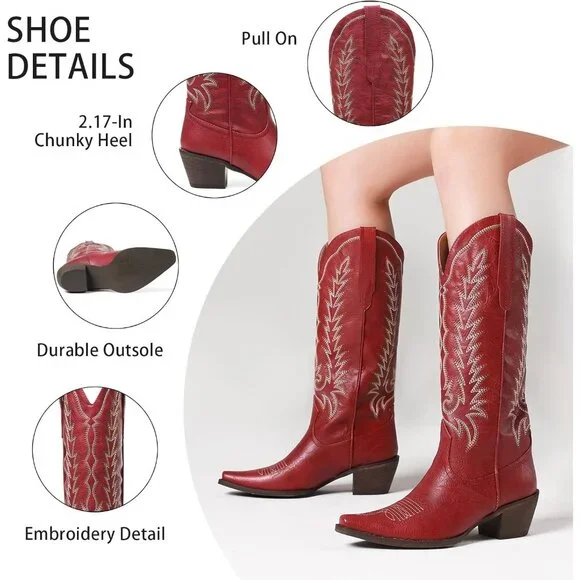 Women's Red Embroidered Western Knee High Boots Pointed Toe Chunky Heel - Picture 5 of 6